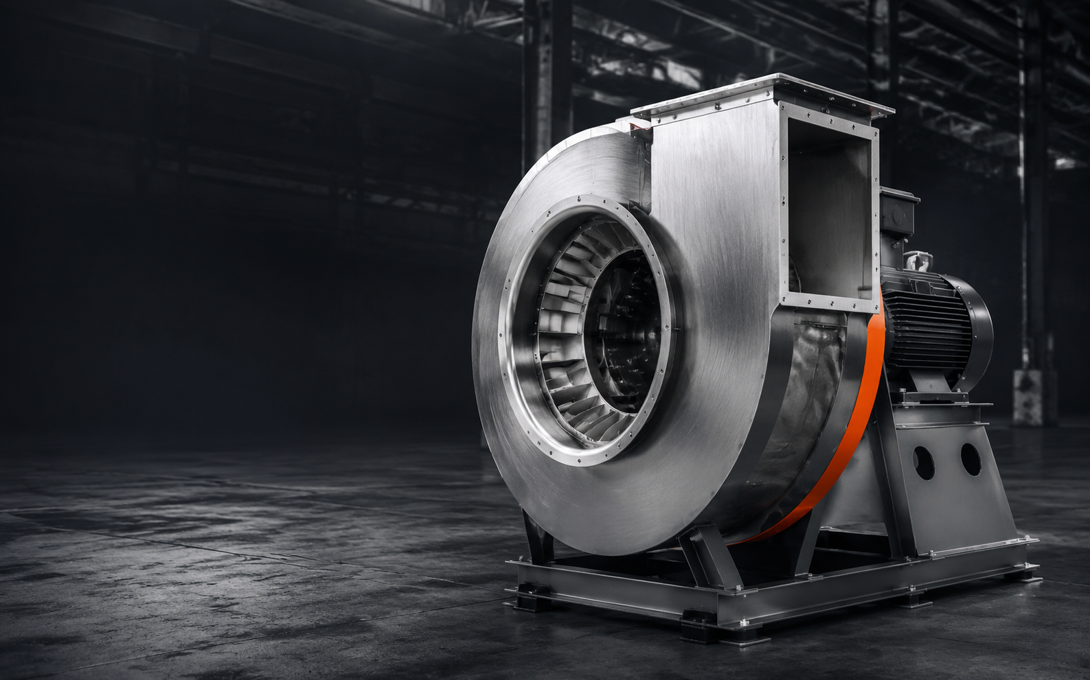 Large stainless-steel industrial centrifugal fan in a production environment